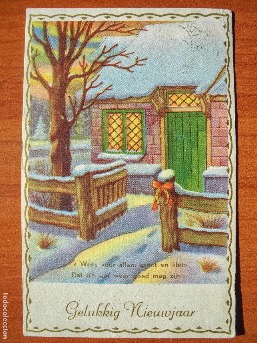 Postkarten: Navidad. Paisaje nevado. Casa Puerta. Trazos dorados. Circulada con sello 1957 9x14