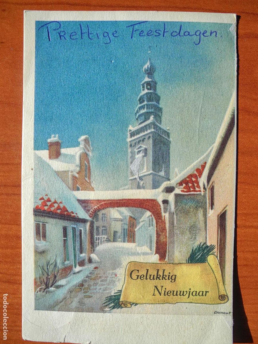Postkarten: Navidad. Paisaje nevado. Casa Portal. Iglesia. Circulada con sello 9x14
