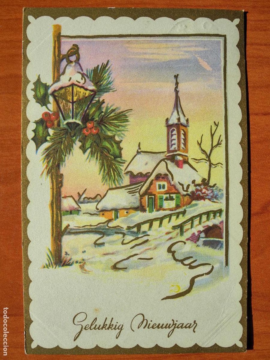 Cartes Postales: Navidad. Paisaje nevado. Casa Iglesia puente farol Trazos dorados. Circulada con sello 9x14