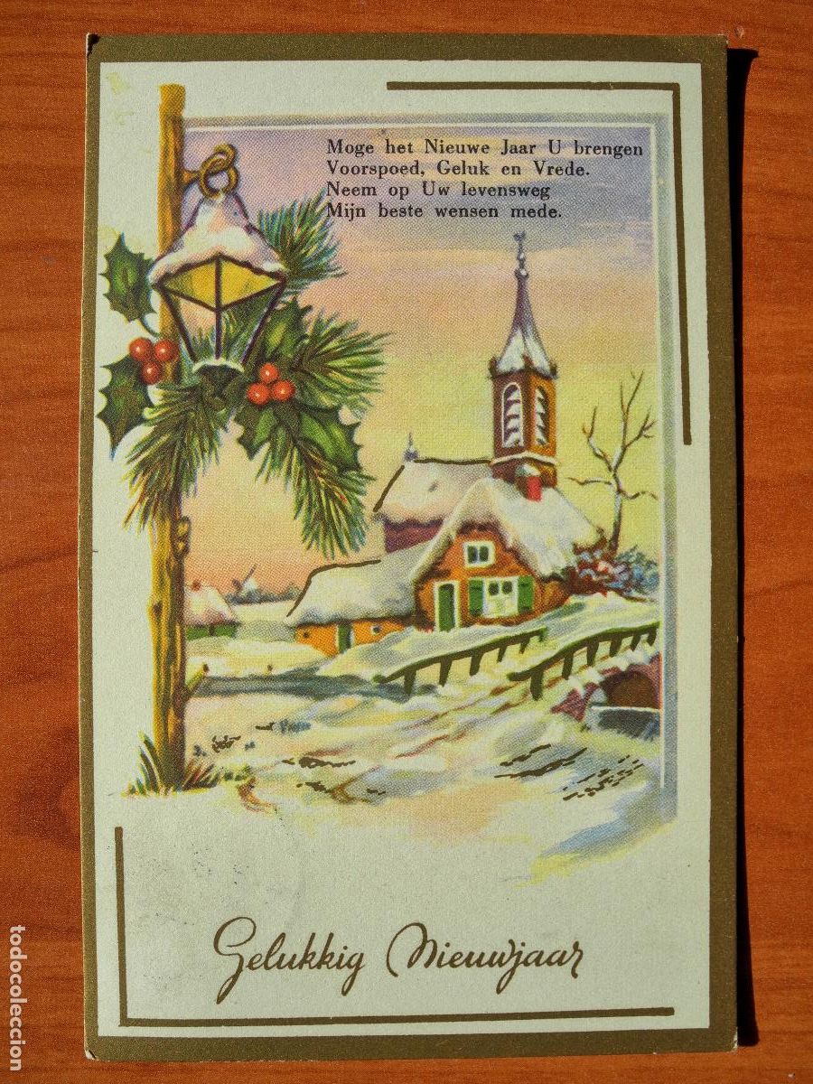 Cartes Postales: Navidad. Paisaje nevado. Casa Iglesia puente farol Trazos dorados. Circulada con sello 1954 9x14