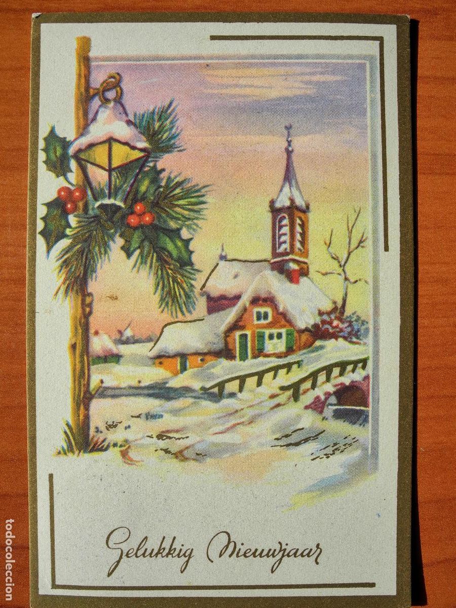 Cartes Postales: Navidad. Paisaje nevado. Casa Iglesia puente farol Trazos dorados. Circulada con sello 1954 9x14