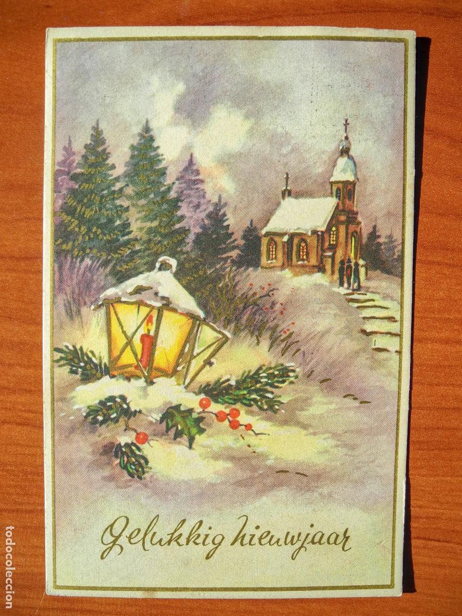 Postales: Navidad. Paisaje nevado. Iglesia farol. Trazos dorados. Circulada con sello 1959 9x14