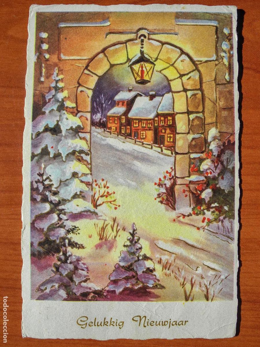 Postcards: Navidad. Paisaje nevado. Farol Portal. Trazos dorados. Circulada con sello 9x14