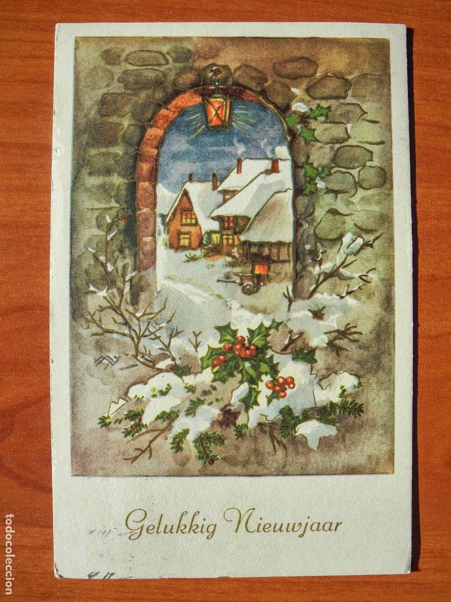 Postcards: Navidad. Paisaje nevado. Farol Portal. Trazos dorados. Circulada con sello 1959 9x14