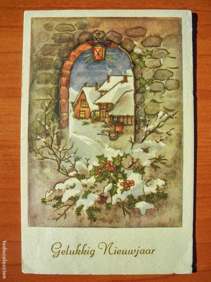 Postcards: Navidad. Paisaje nevado. Farol Portal. Trazos dorados. Circulada con sello 1959 9x14