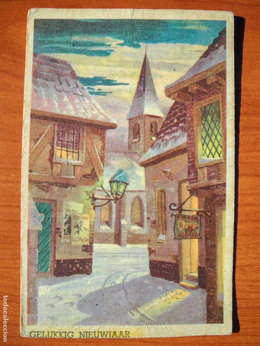 Postcards: Navidad. Paisaje nevado. Calle, farol, iglesia. Circulada sin sello 1945 9x14