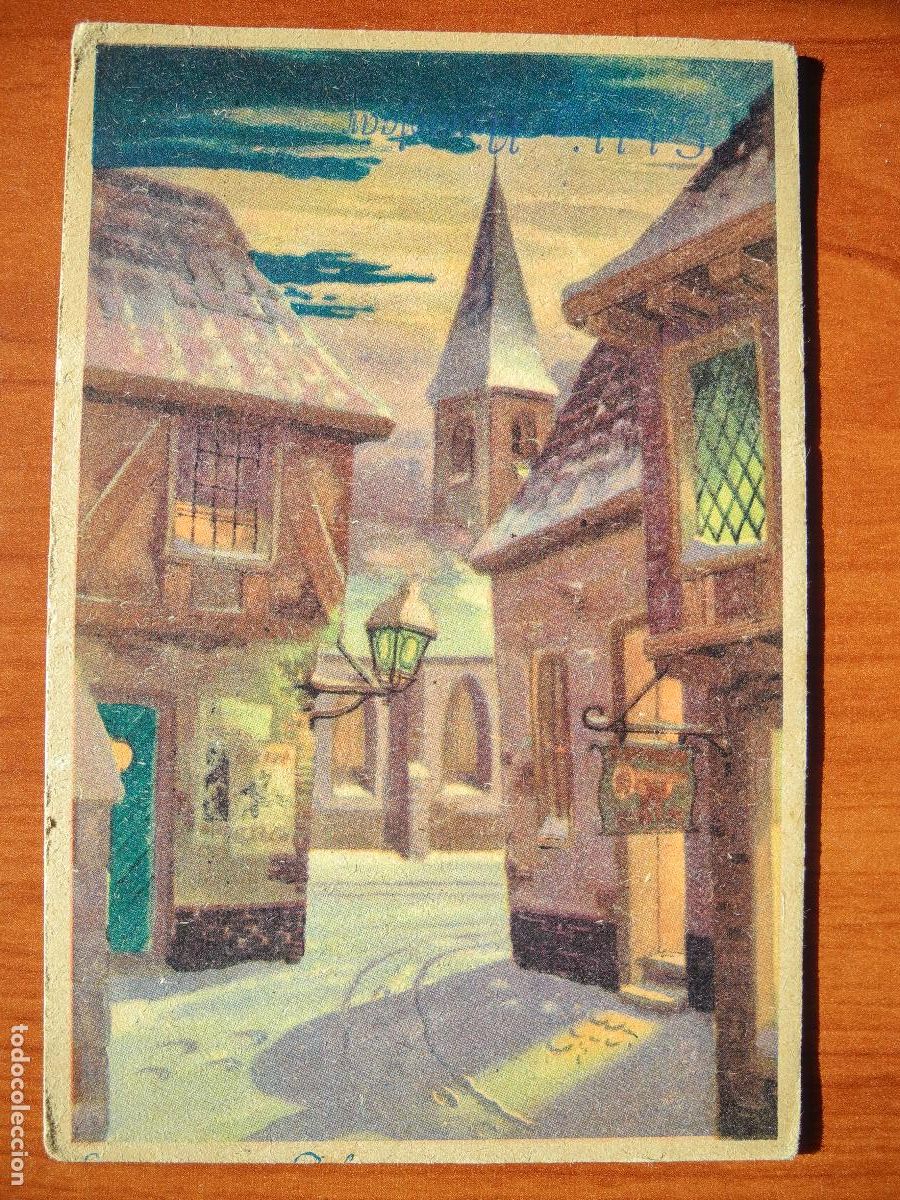 Postcards: Navidad. Paisaje nevado. Calle, farol, iglesia. Circulada sin sello 1946 9x14