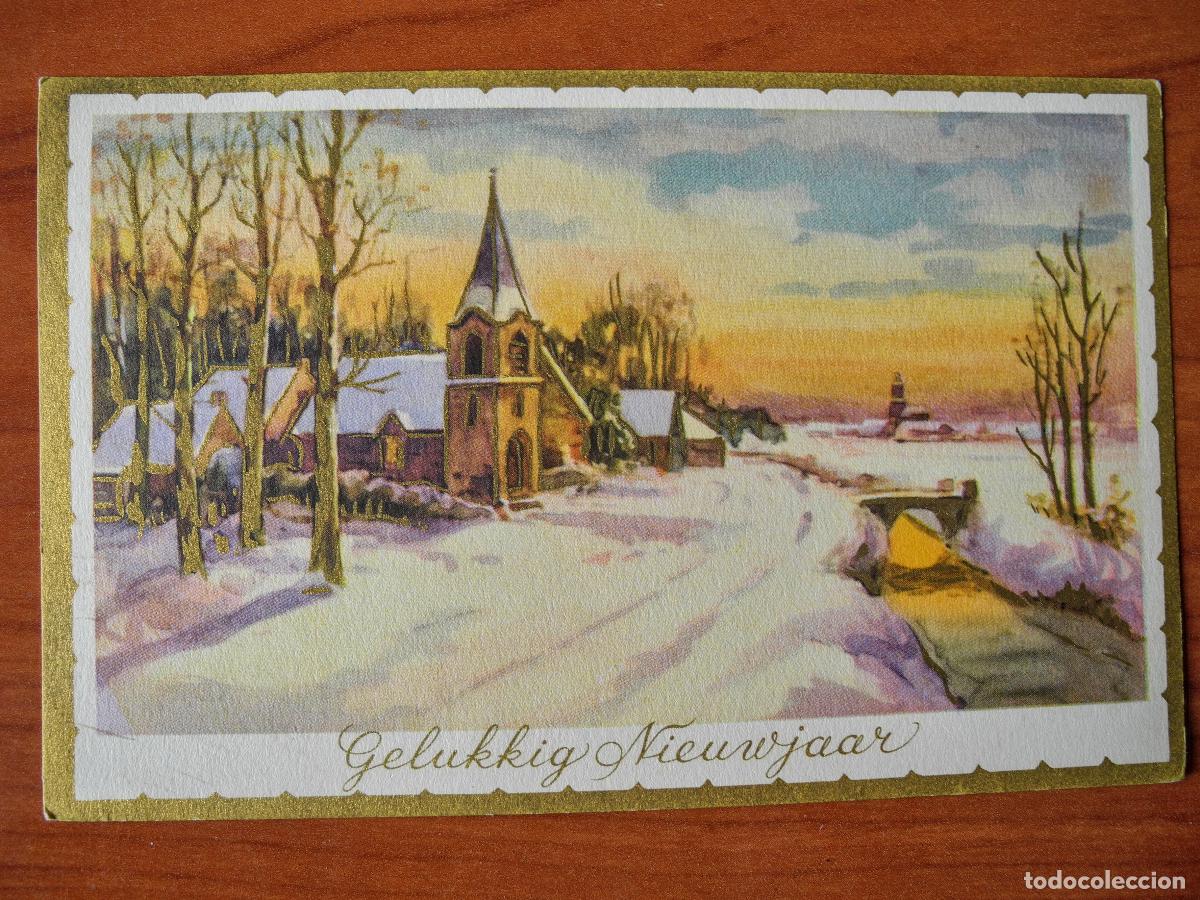 Postcards: Navidad. Paisaje nevado. Puente, r&iacute;o, iglesia Trazos dorados Circulada con sello 1960 14x9