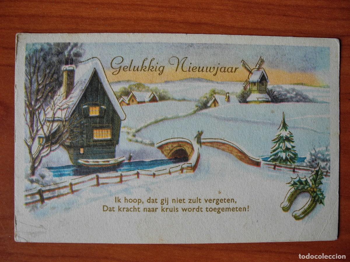 Postcards: Navidad. Paisaje nevado. Puente, r&iacute;o, molino Trazos dorados Circulada con sello 1960 14x9