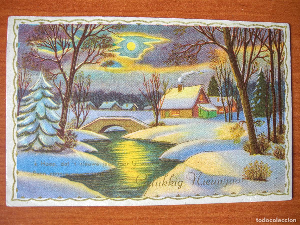 Postcards: Navidad. Paisaje nevado. Puente, r&iacute;o Trazos dorados Circulada con sello 1957 14x9
