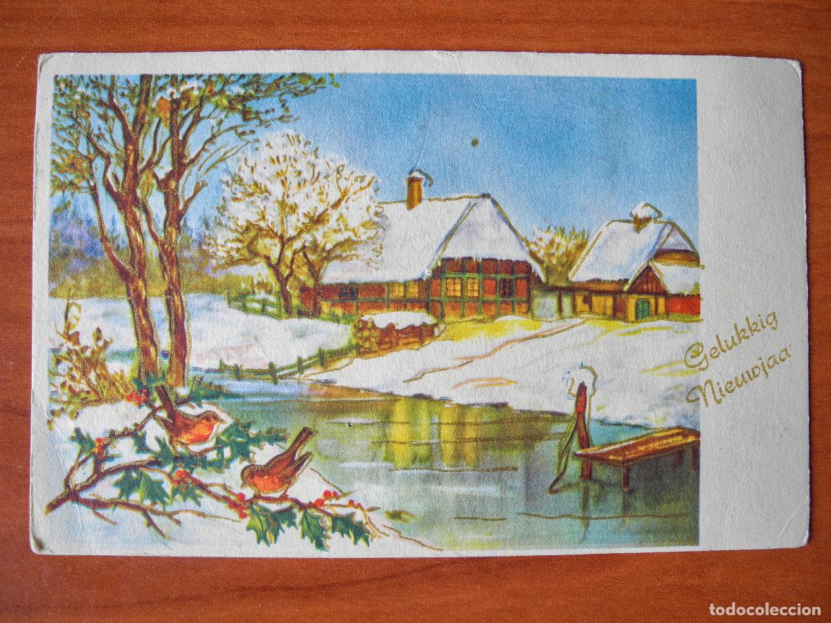 Postcards: Navidad. Paisaje nevado. Puente, r&iacute;o Trazos dorados Circulada con sello 1961 14x9