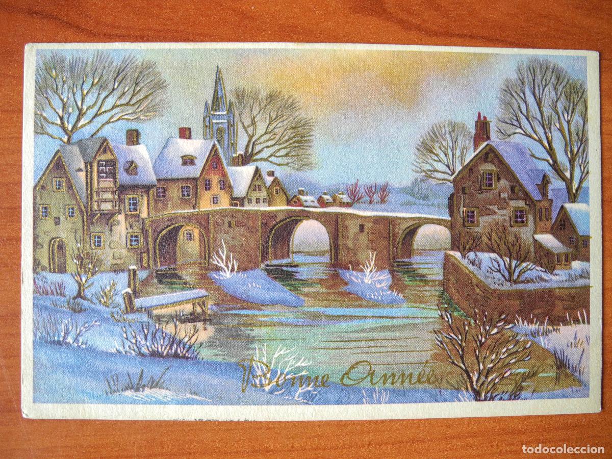 Postcards: Bonita postal de Navidad. Paisaje nevado. Puente, r&iacute;o Trazos dorados Circulada con sello 1952 14x9