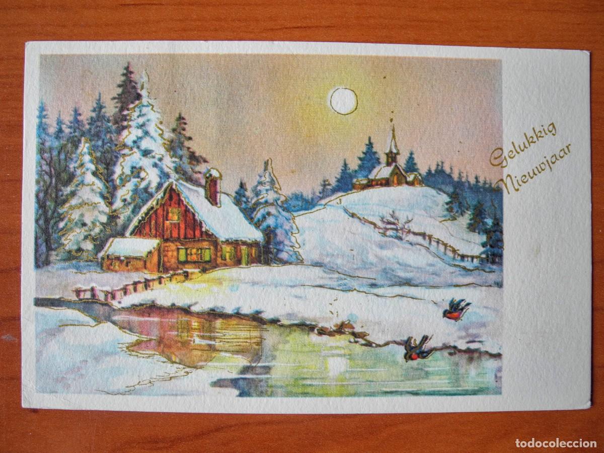 Postcards: Navidad. Paisaje nevado. r&iacute;o Trazos dorados Circulada con sello 14x9