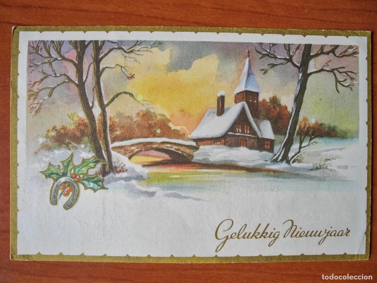 Postcards: Navidad. Paisaje nevado. Puente r&iacute;o Trazos dorados Circulada con sello 14x9