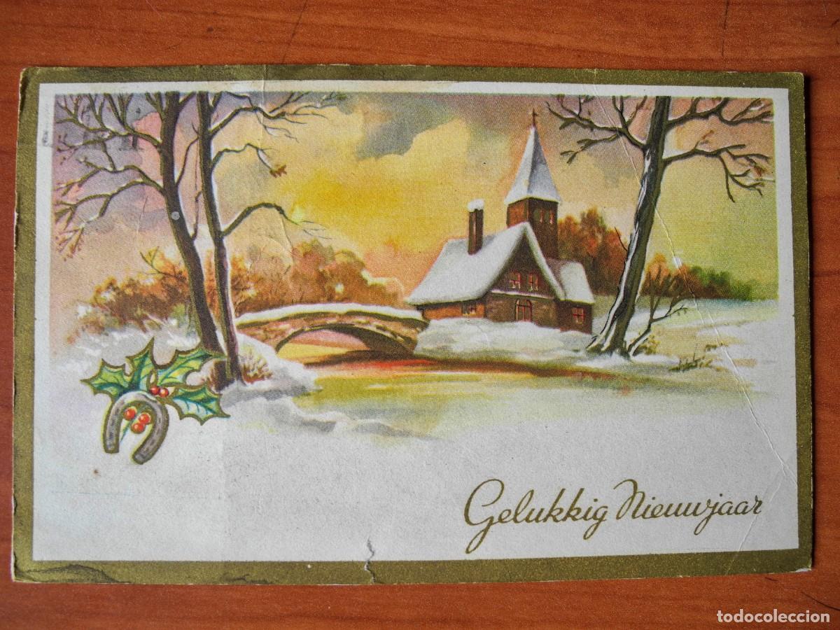 Postcards: Navidad. Paisaje nevado. Puente r&iacute;o Trazos dorados Circulada con sello 14x9
