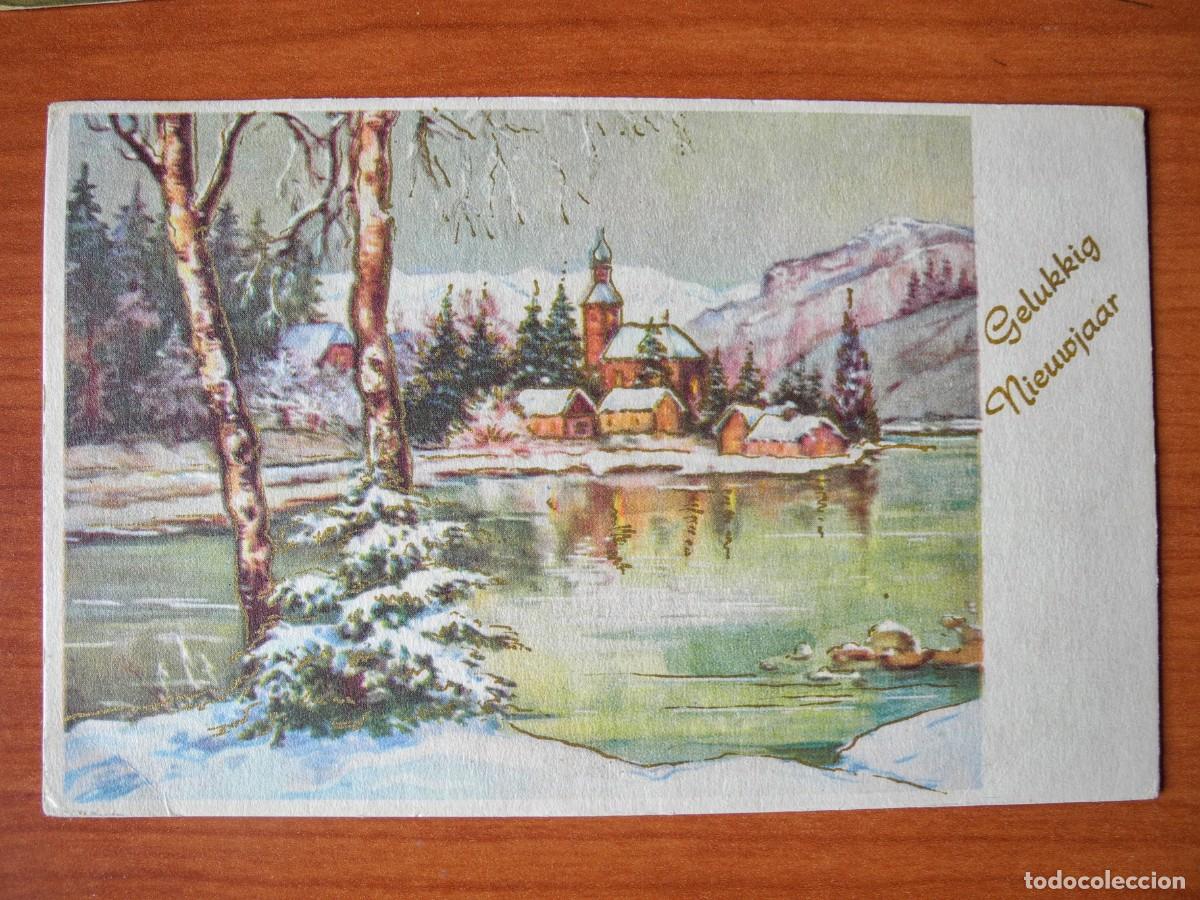 Postcards: Navidad. Paisaje nevado. R&iacute;o Circulada con sello 1959 14x9
