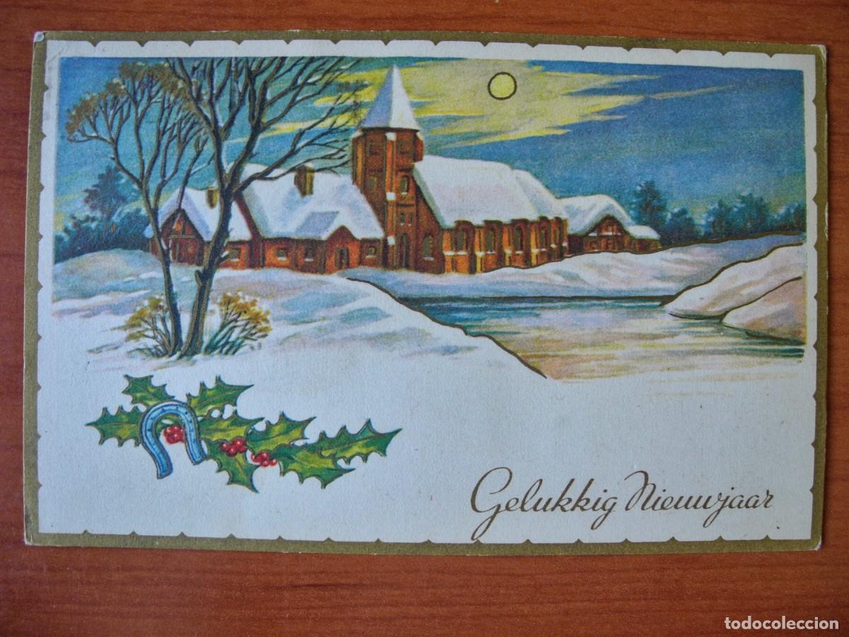 Postcards: Navidad. Paisaje nevado. R&iacute;o. Iglesia Trazos dorados. Circulada sin sello 14x9