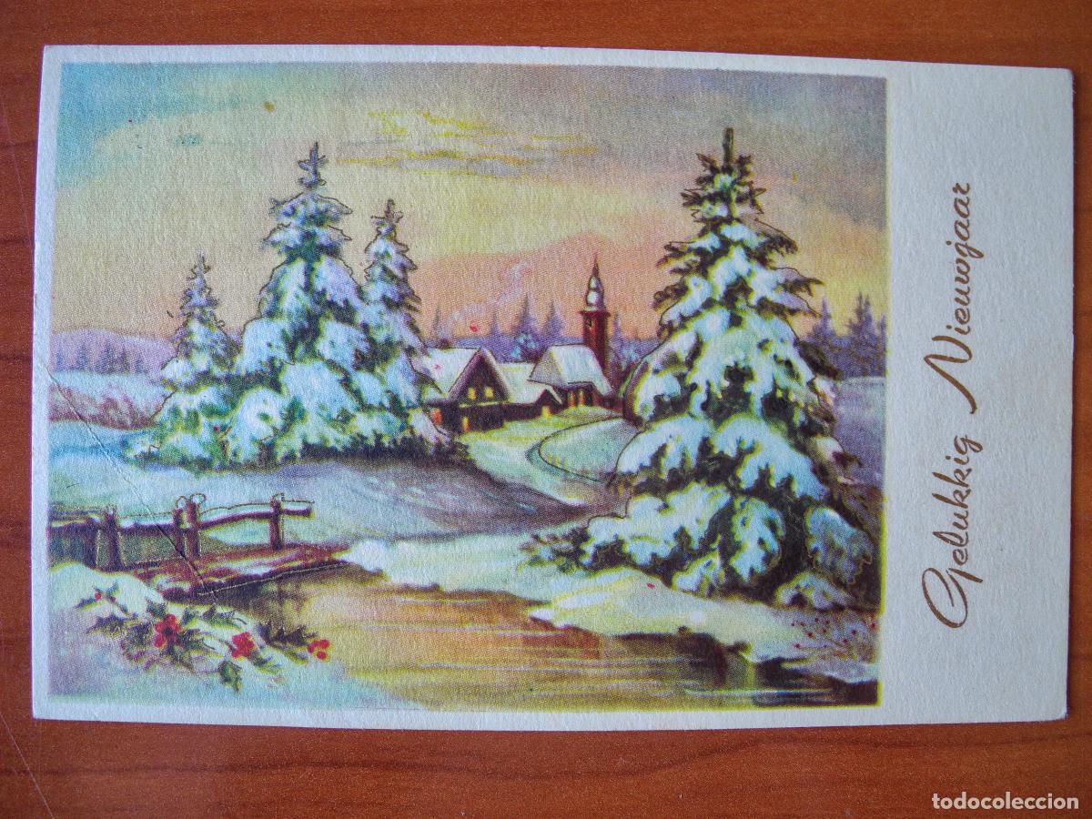 Postcards: Navidad. Bonito paisaje nevado. R&iacute;o. Puente. Trazos dorados. Franqueada con sello 14x9