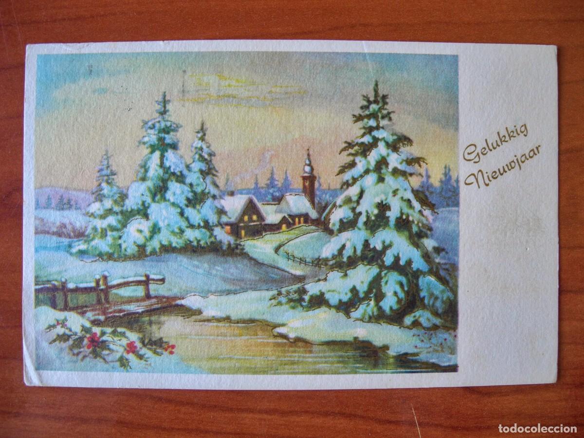 Postcards: Navidad. Bonito paisaje nevado. R&iacute;o. Puente. Trazos dorados. Franqueada sin sello 14x9