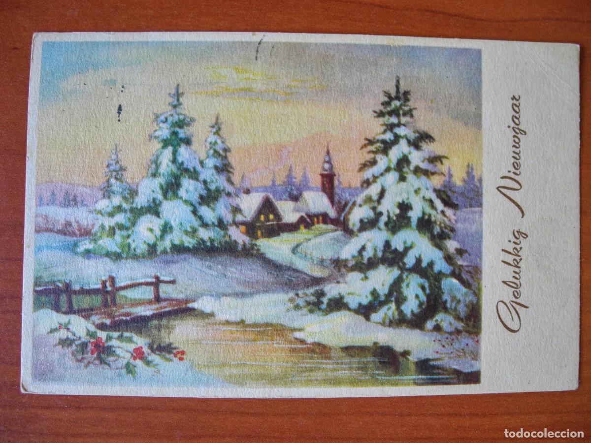 Postcards: Navidad. Bonito paisaje nevado. R&iacute;o. Puente. Franqueada con sello 14x9