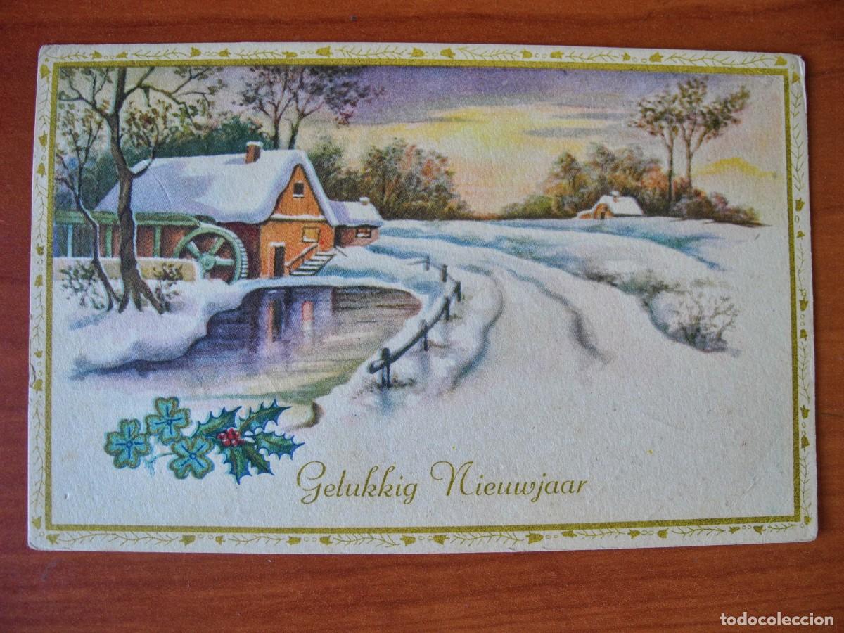 Postcards: Navidad. Paisaje nevado. R&iacute;o. Molino. Franqueada con sello 14x9