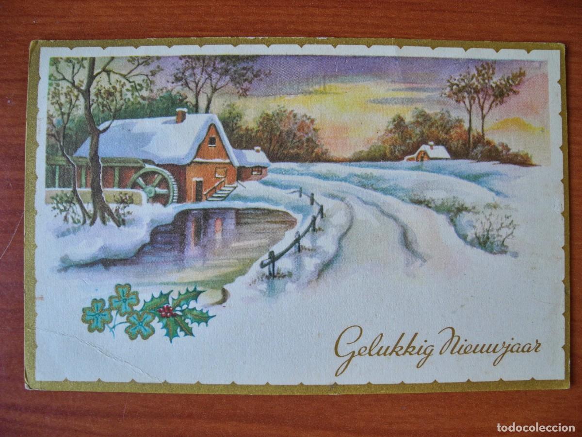 Postcards: Navidad. Paisaje nevado. R&iacute;o. Molino. Franqueada con sello 1954 14x9