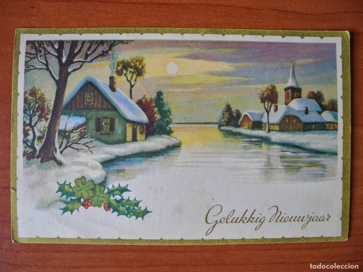 Postcards: Navidad. Paisaje nevado. R&iacute;o. Iglesia. Franqueada con sello 1955 14x9