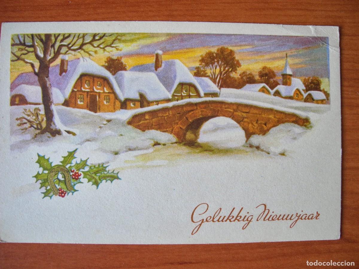 Postcards: Navidad. Paisaje nevado. R&iacute;o. Puente. Iglesia. Trazos dorados Franqueada con sello 1950 14x9