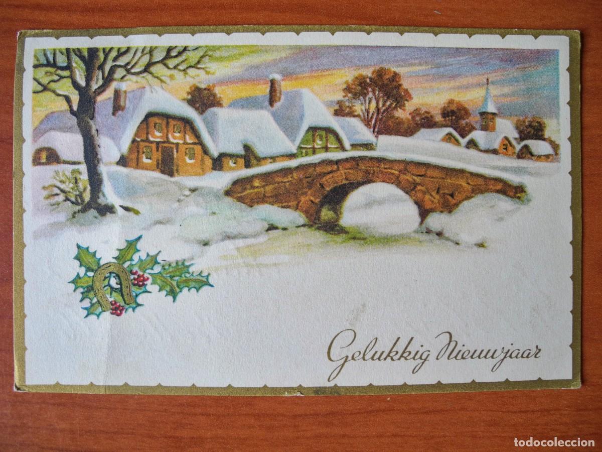 Postcards: Navidad. Paisaje nevado. R&iacute;o. Puente. Iglesia. Trazos dorados Franqueada con sello 1950 14x9