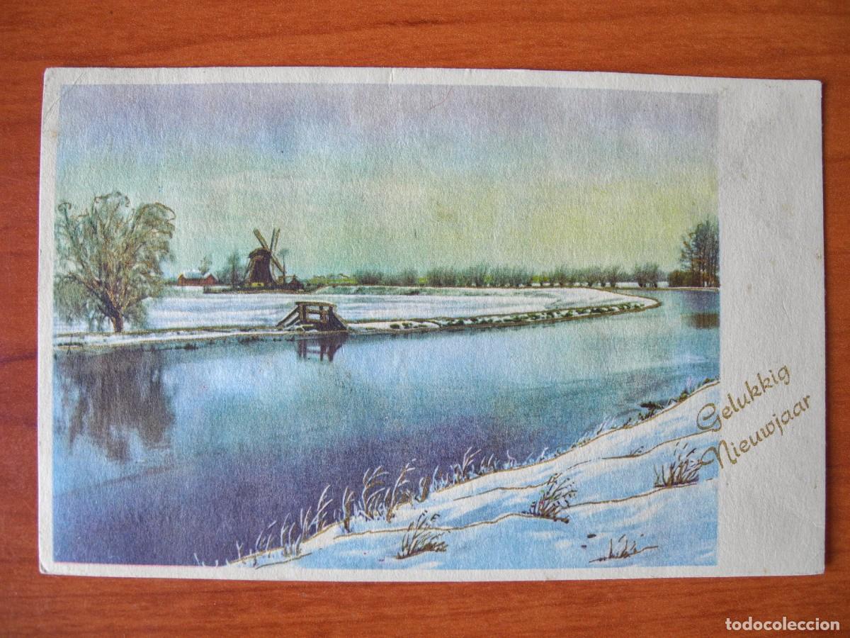 Postcards: Navidad. Paisaje nevado. R&iacute;o. Molino Trazos dorados Franqueada con sello 1962 14x9