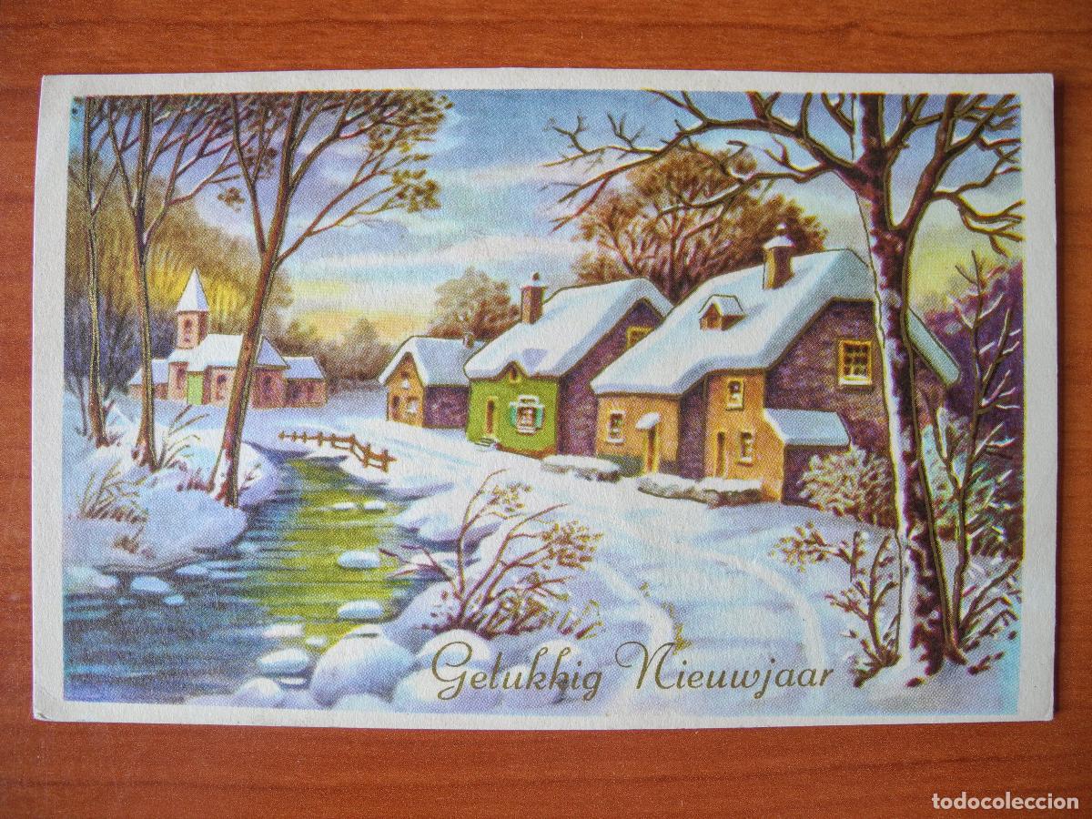 Postcards: Navidad. Paisaje nevado. R&iacute;o. Trazos dorados Franqueada con sello 1965 14x9