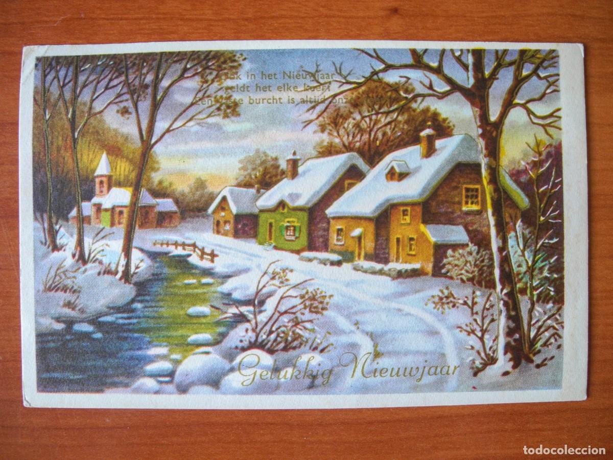 Postcards: Navidad. Paisaje nevado. R&iacute;o. Trazos dorados Franqueada con sello 1962 14x9