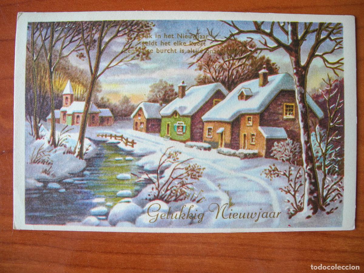 Postcards: Navidad. Paisaje nevado. R&iacute;o. Trazos dorados Franqueada con sello 1965 14x9