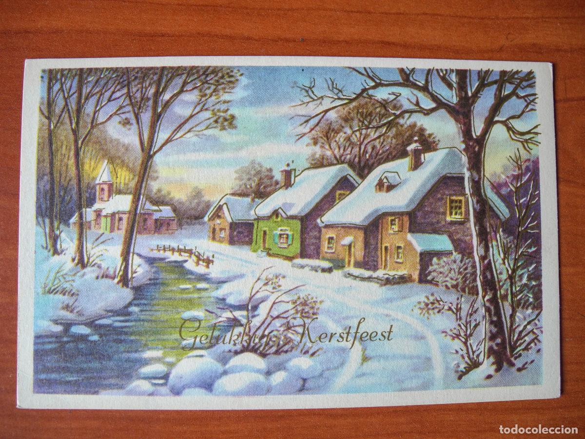 Postcards: Navidad. Paisaje nevado. R&iacute;o. Trazos dorados. Nueva 14x9