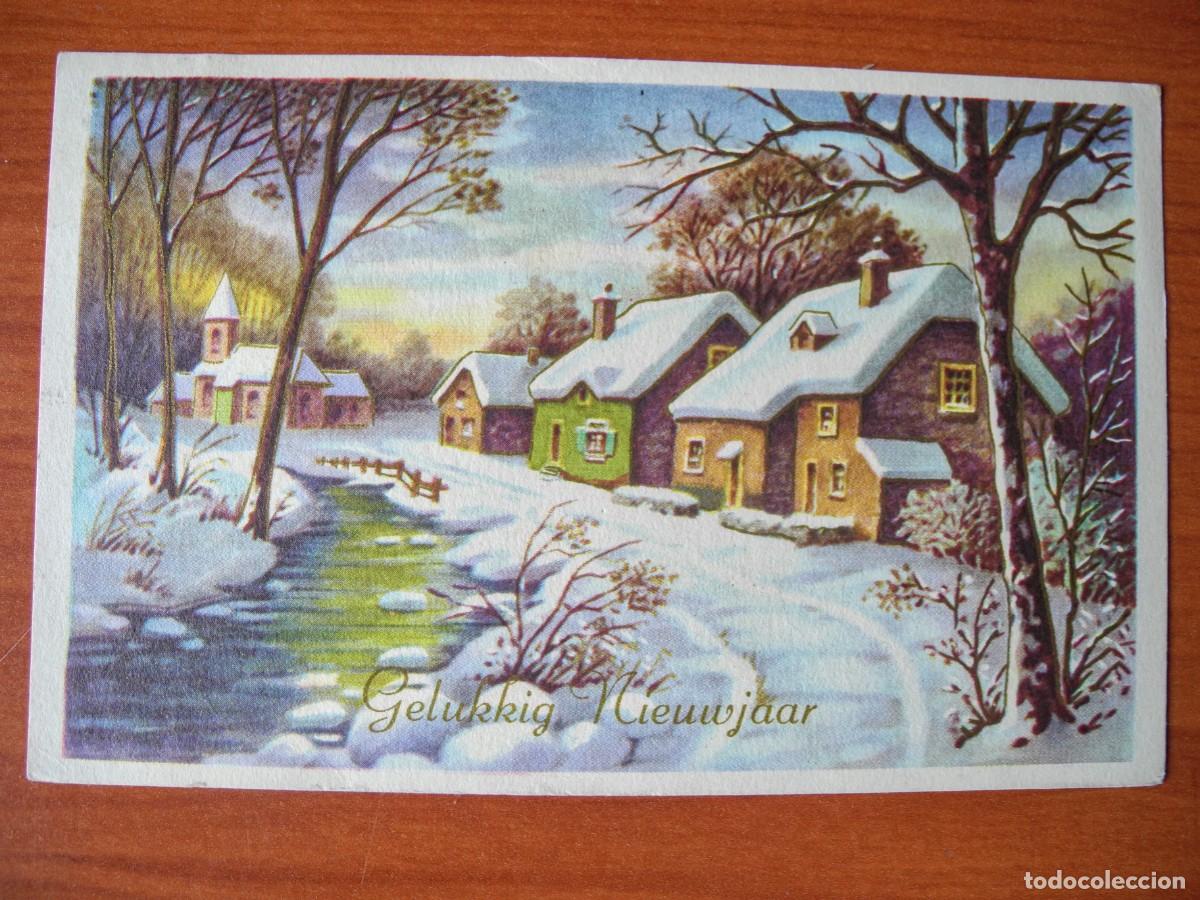 Postcards: Navidad. Paisaje nevado. R&iacute;o. Trazos dorados. Franqueada con sello 1959 14x9