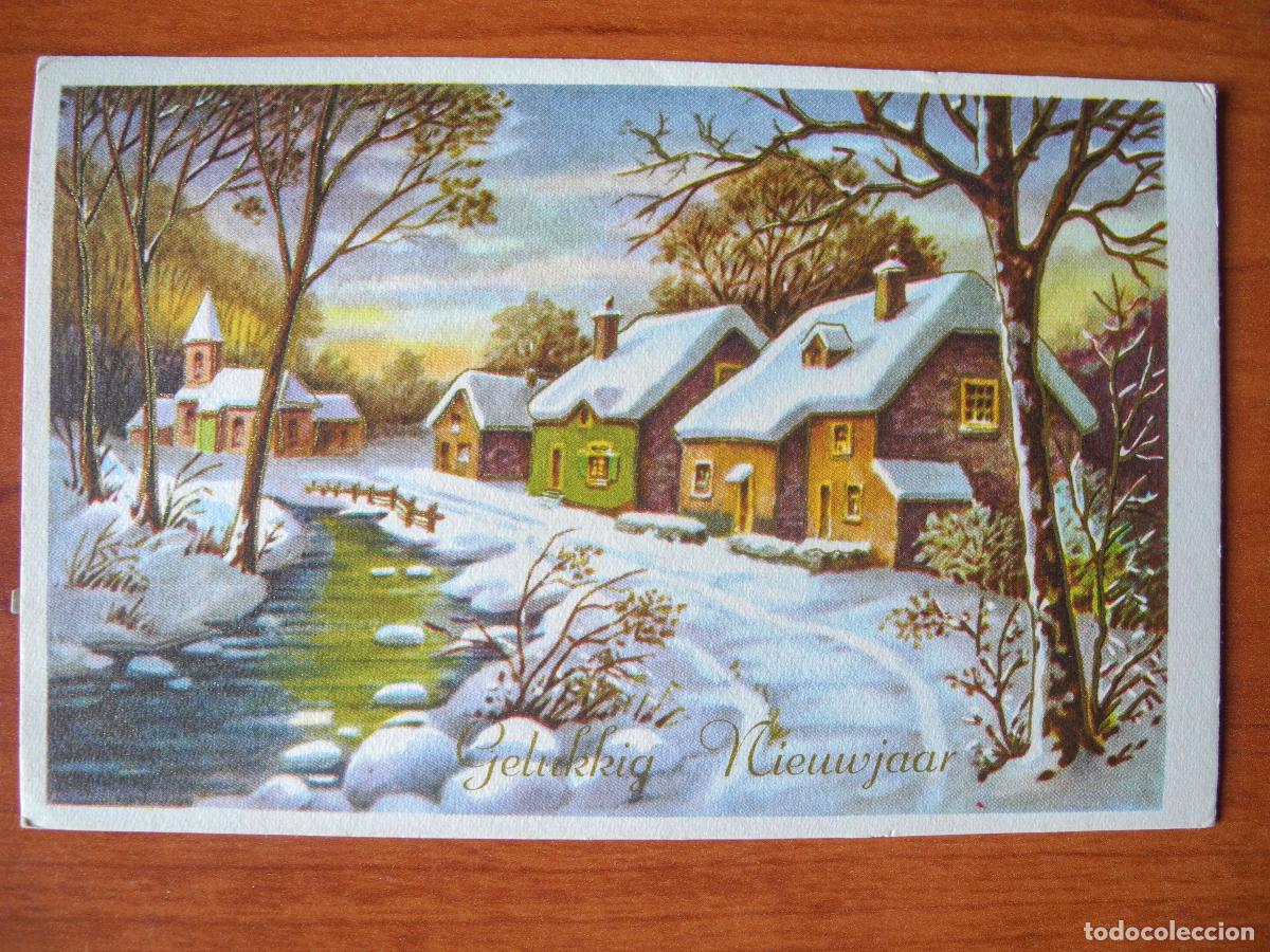Postcards: Navidad. Paisaje nevado. R&iacute;o. Trazos dorados. Franqueada con sello 14x9
