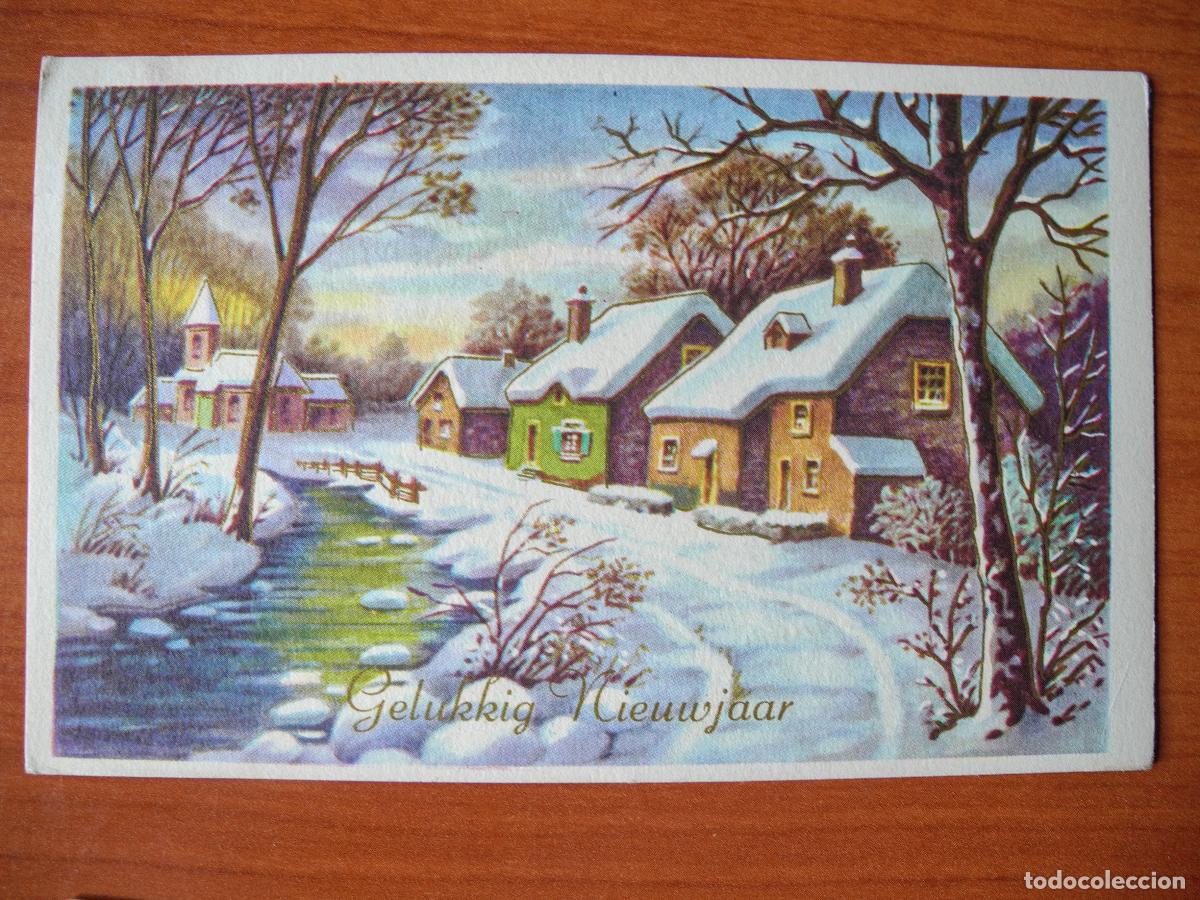 Postcards: Navidad. Paisaje nevado. R&iacute;o. Trazos dorados. Franqueada con sello 1967 14x9