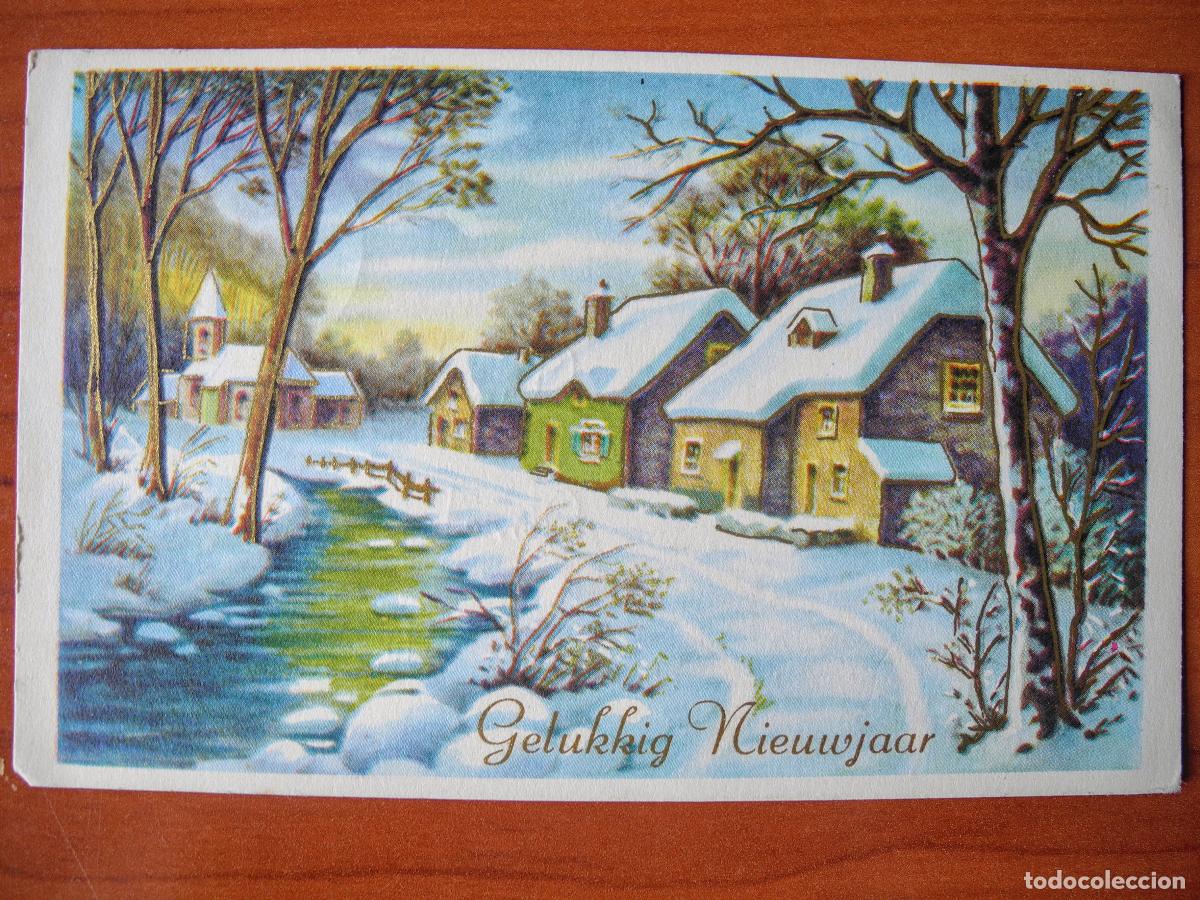 Postcards: Navidad. Paisaje nevado. R&iacute;o. Trazos dorados. Franqueada con sello 1967 14x9