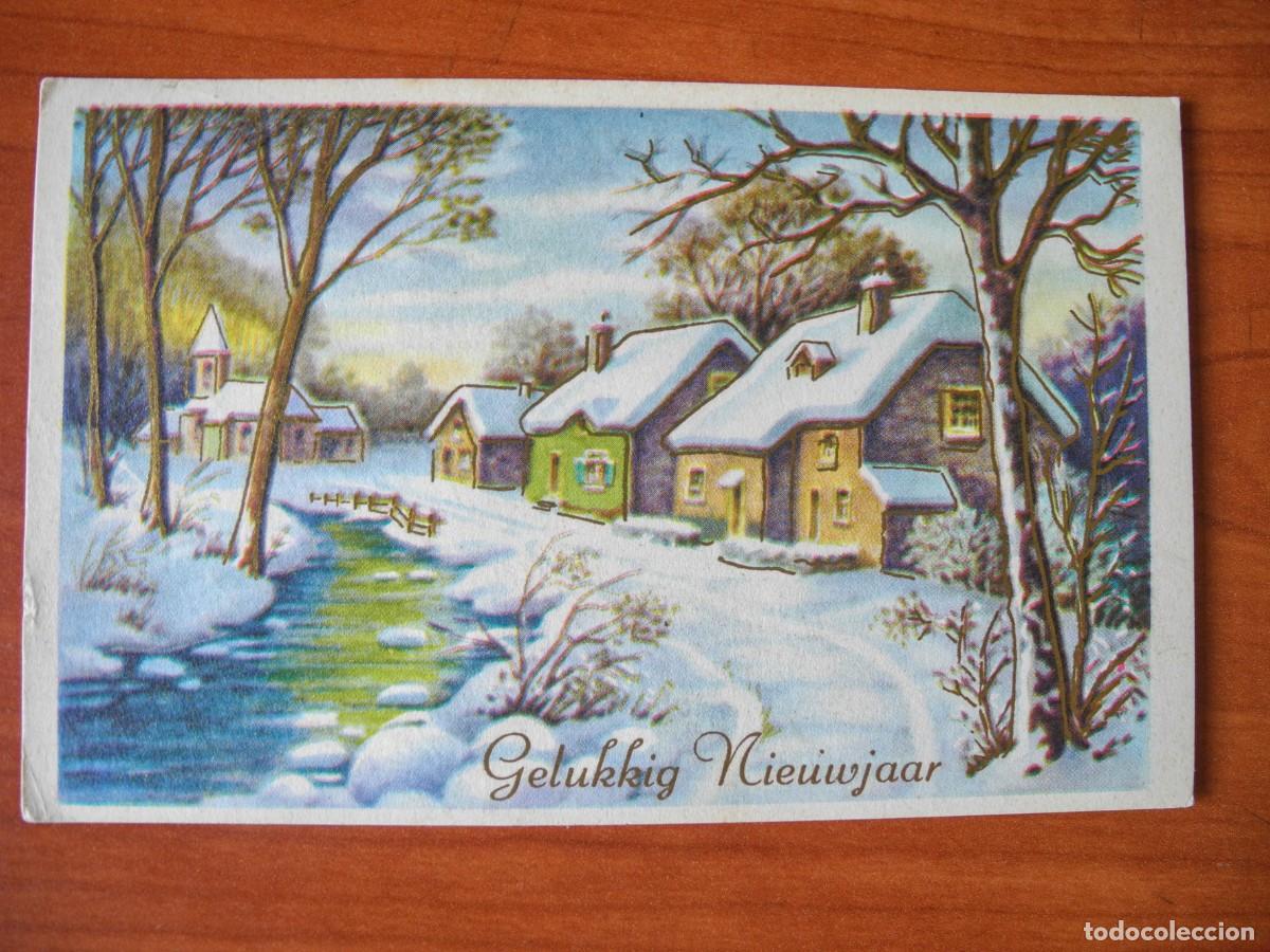 Postcards: Navidad. Paisaje nevado. R&iacute;o. Trazos dorados. Franqueada con sello 1973 14x9