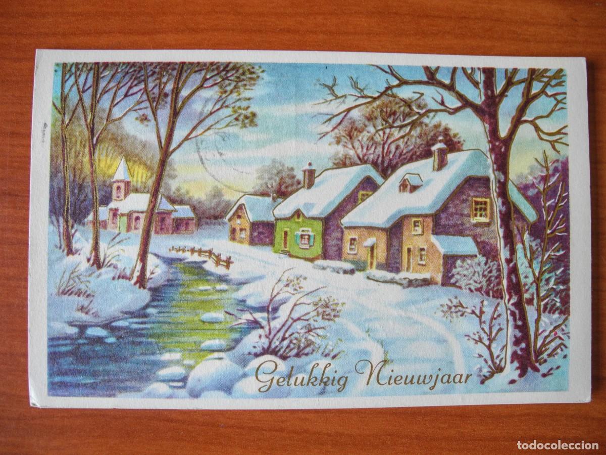 Postcards: Navidad. Paisaje nevado. R&iacute;o. Trazos dorados. Franqueada con sello 1967 14x9