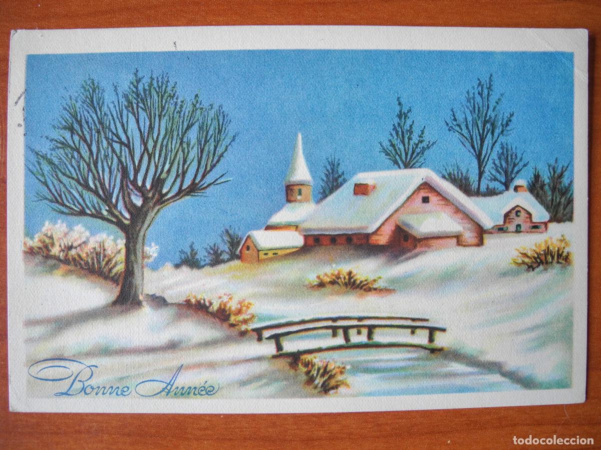 Postcards: Navidad. Bonito paisaje nevado. R&iacute;o. Puente. Franqueada con sello 1952 14x9