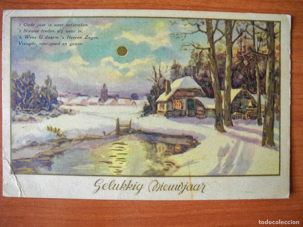 Postcards: Navidad. Paisaje nevado. R&iacute;o. Trazos dorados. Franqueada con sello 1952 14x9