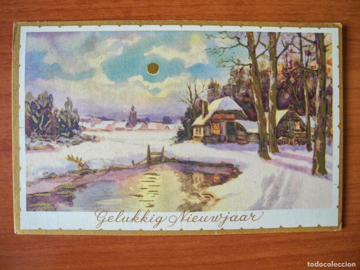 Postcards: Navidad. Paisaje nevado. R&iacute;o. Trazos dorados. Franqueada con sello 1955 14x9