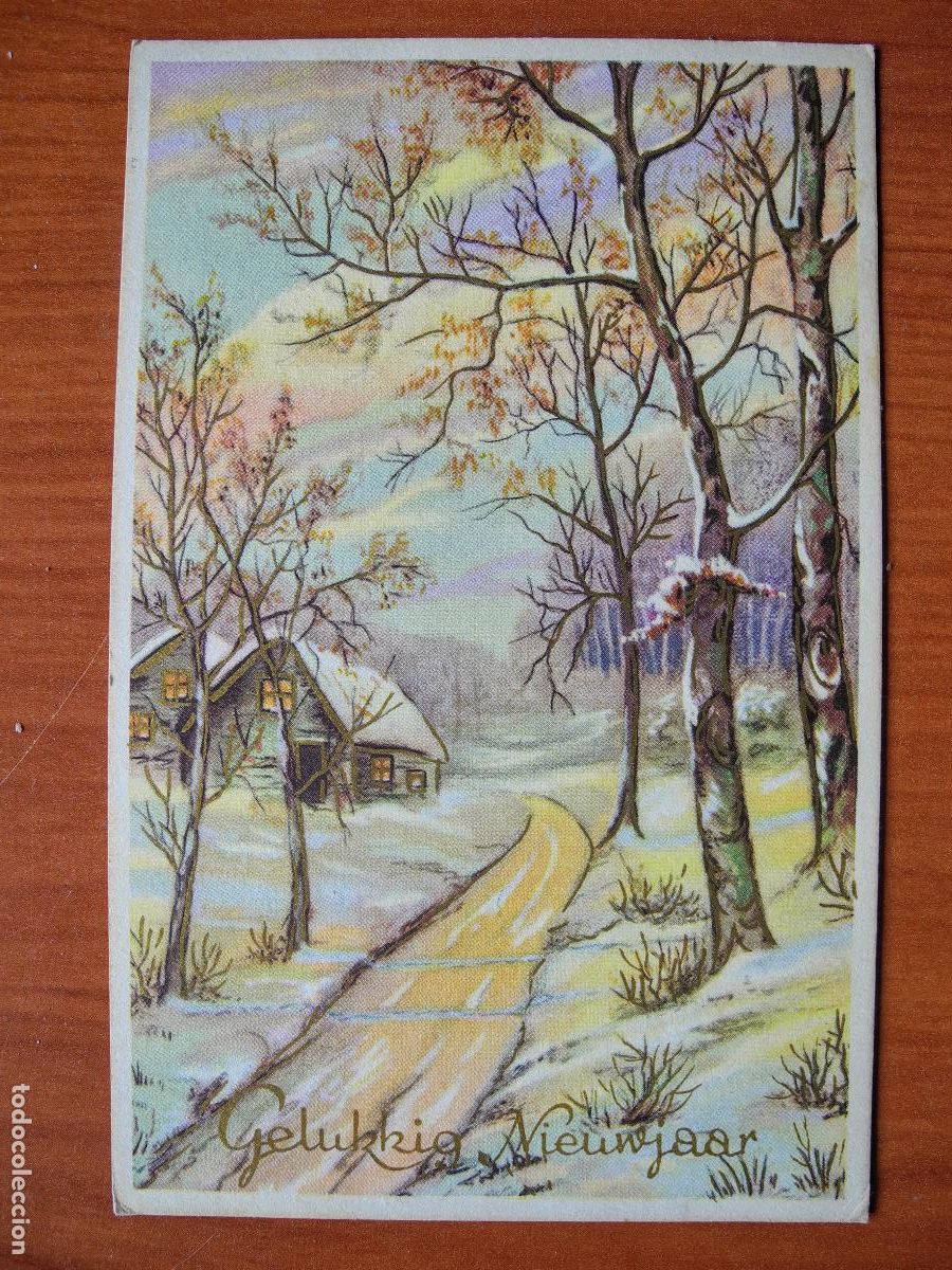 Cartoline: Navidad. Bonito paisaje nevado. Trazos dorados. Franqueada con sello 1952 9x14