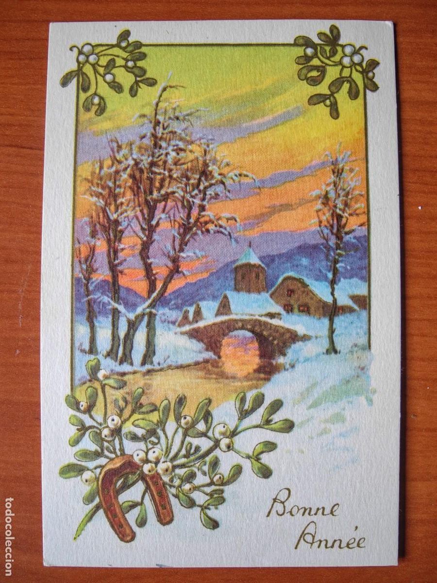 Cartoline: Navidad. Paisaje nevado. Mu&eacute;rdago. Trazos dorados. Franqueada con sello 1954 9x14
