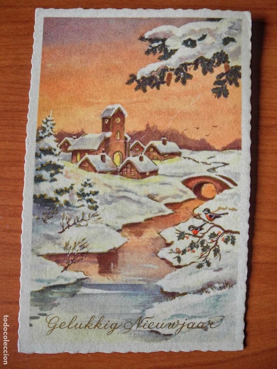 Cartoline: Navidad. Paisaje nevado. R&iacute;o. Puente. Trazos dorados. Franqueada con sello 1954 9x14