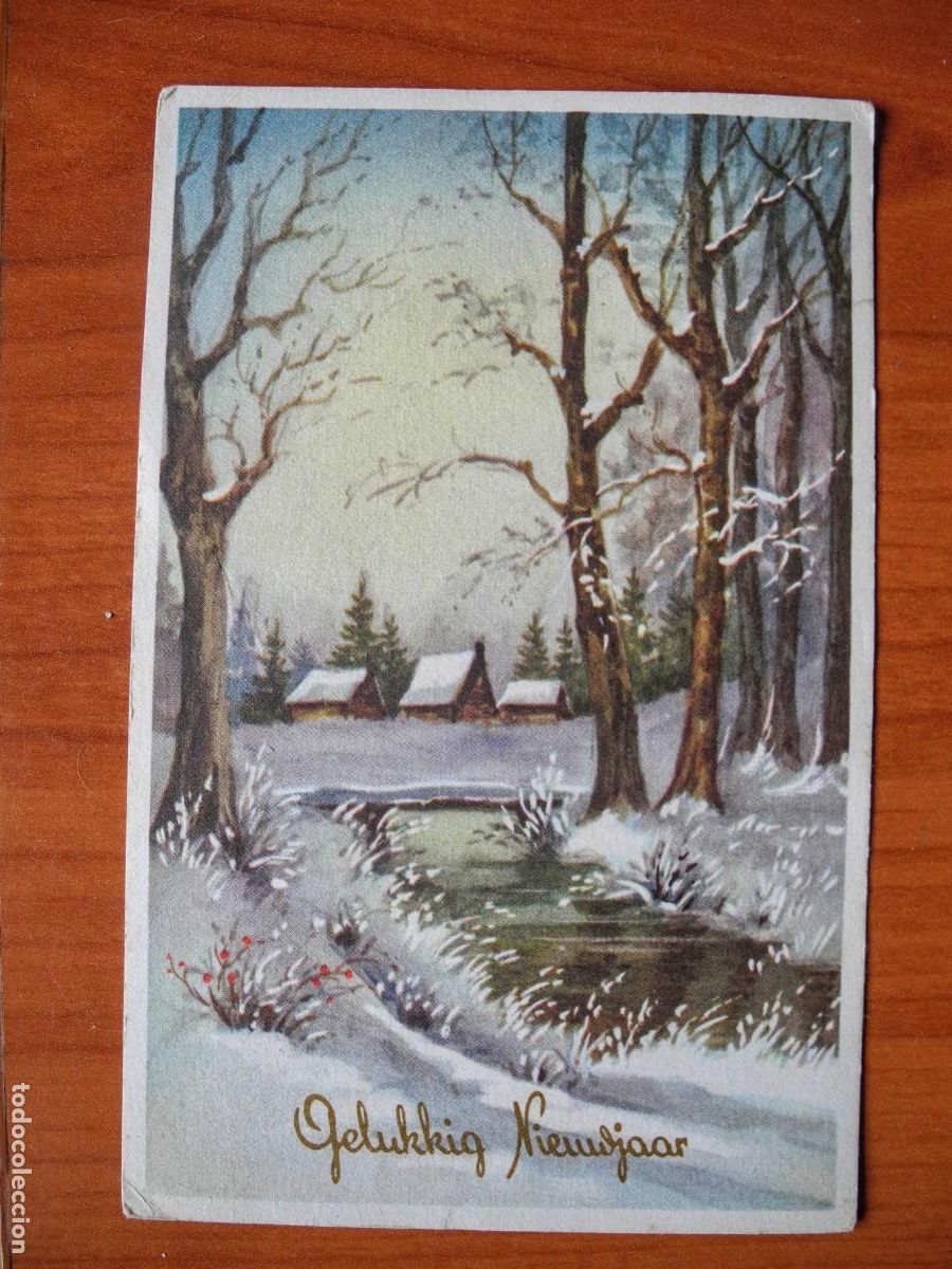 Cartoline: Navidad. Paisaje nevado. R&iacute;o. Circulada con sello 9x14