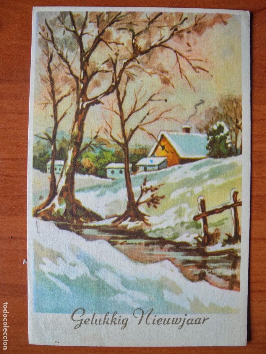 Cartoline: Navidad. Paisaje nevado. R&iacute;o. Circulada con sello 9x14
