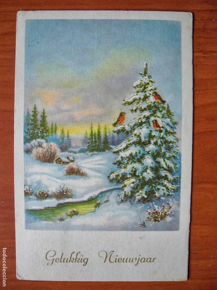 Cartoline: Navidad. Paisaje nevado. R&iacute;o. Trazos dorados. Circulada con sello 1959 9x14