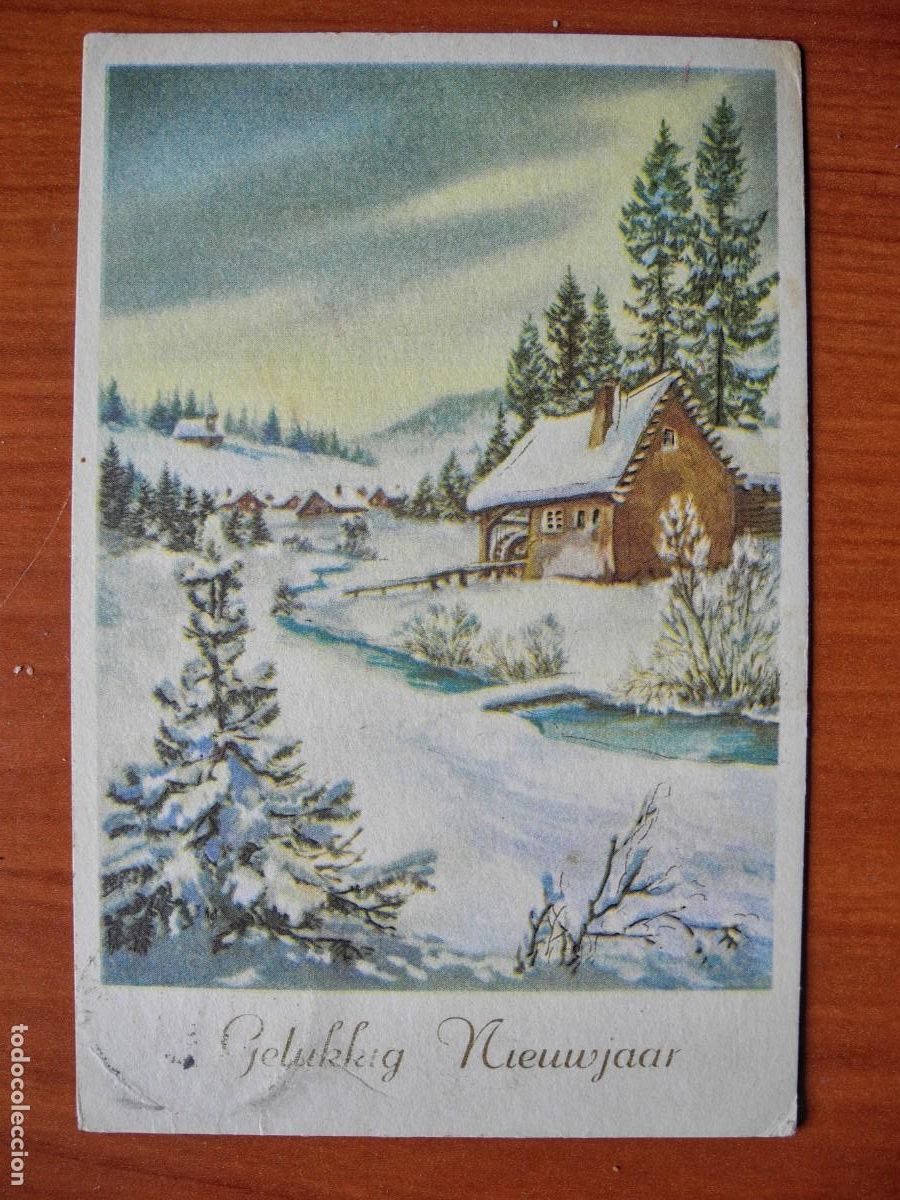 Cartoline: Navidad. Paisaje nevado. R&iacute;o. Circulada con sello 1958 9x14